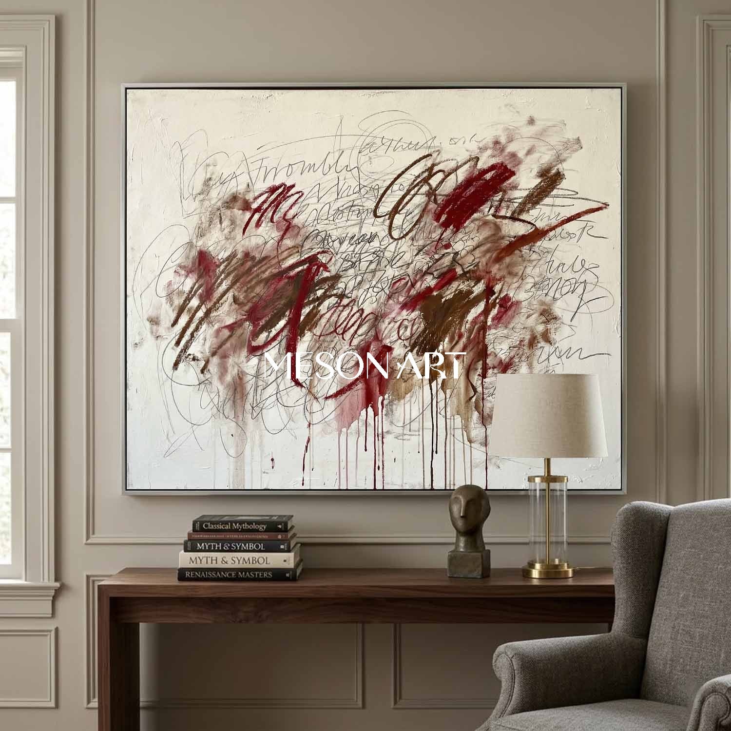 Original Abstract Scribble Painting Graffiti Neutral Canvas Living Room