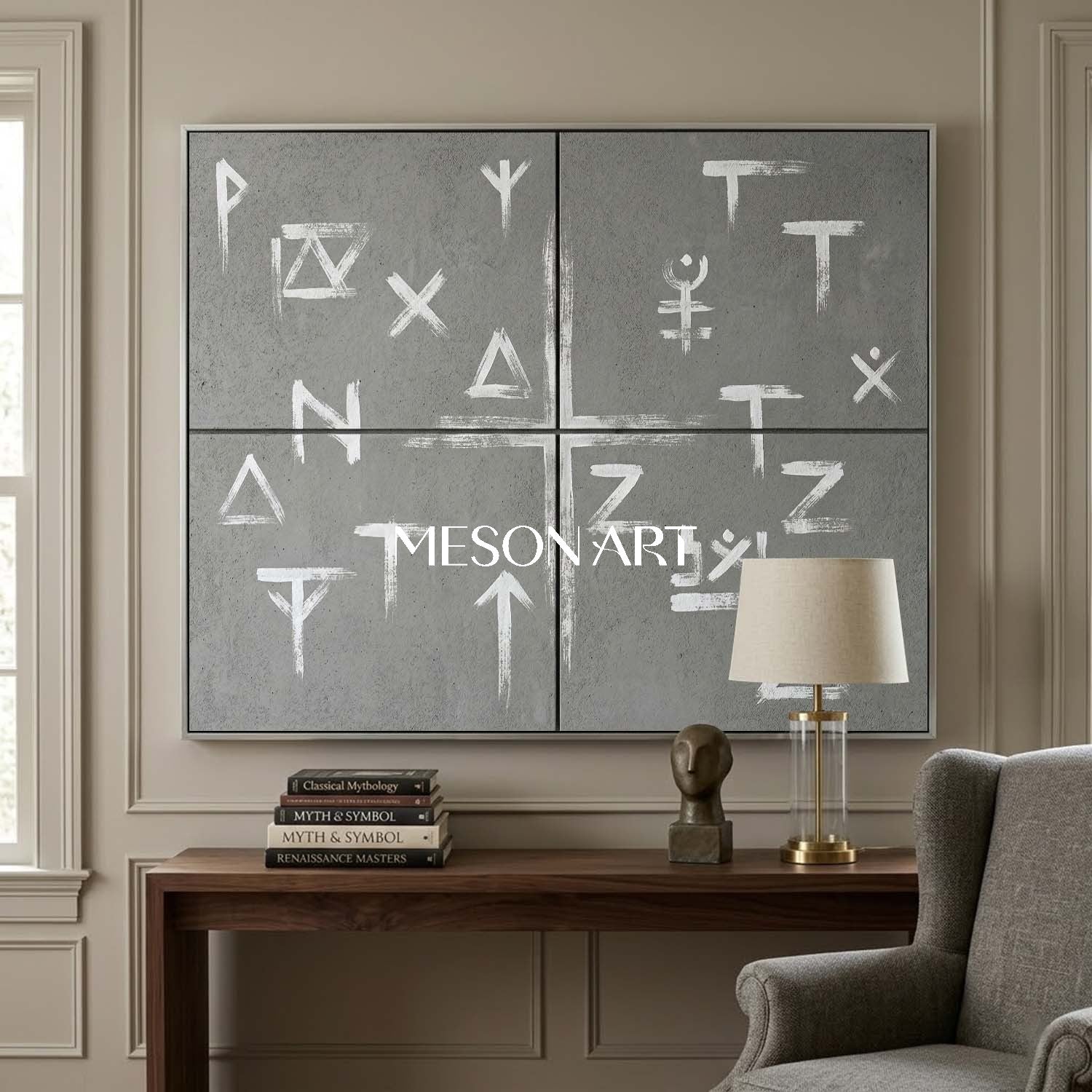 Large Industrial Style Original Gray Canvas oncrete Rune Art Painting