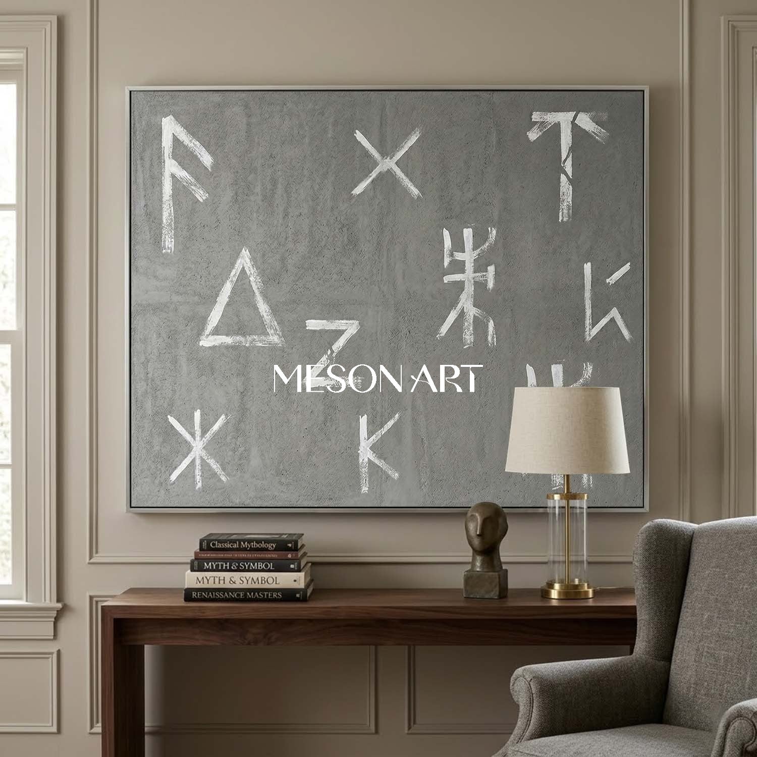 Modern Hand Painted Minimalist Gray and White Office Wall Art Decor