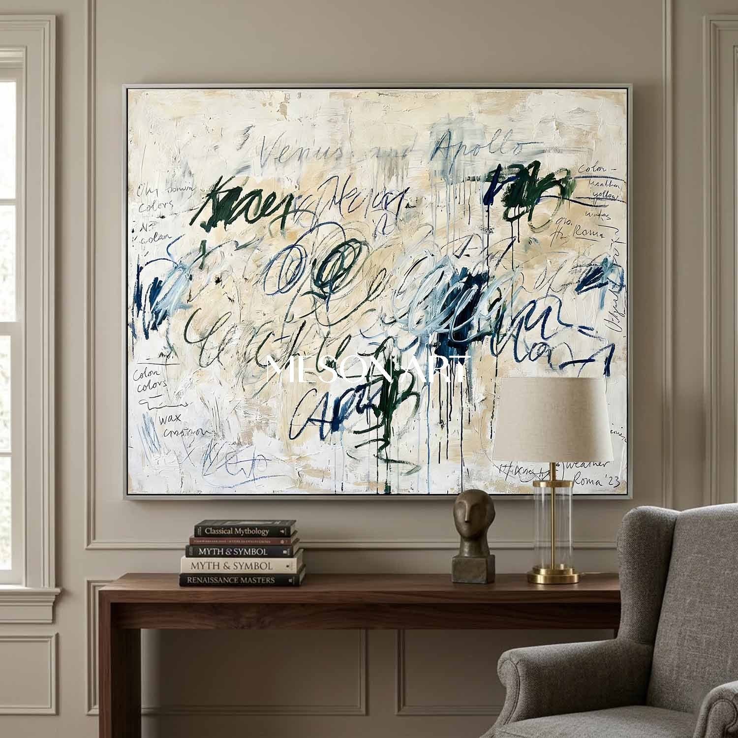 Original Abstract Oil Painting Large Script Art Modern Office Decor