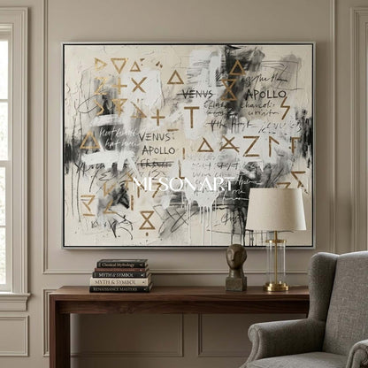 Original Symbol Canvas Graffiti Painting Gold Statement Art Living Room