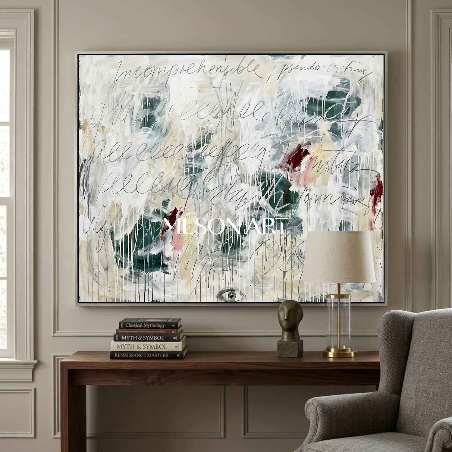 Large White Drip Graffiti Painting Handmade Textured Script Canvas Office