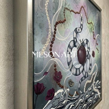 Original Surrealist Snake Oil Painting Apple Framed Wall Art Bathroom