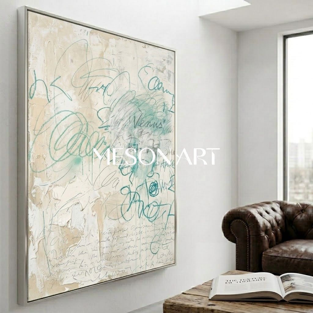 Soft Beige Minimalist Canvas Hand Painted Scribble Wall Art Decor