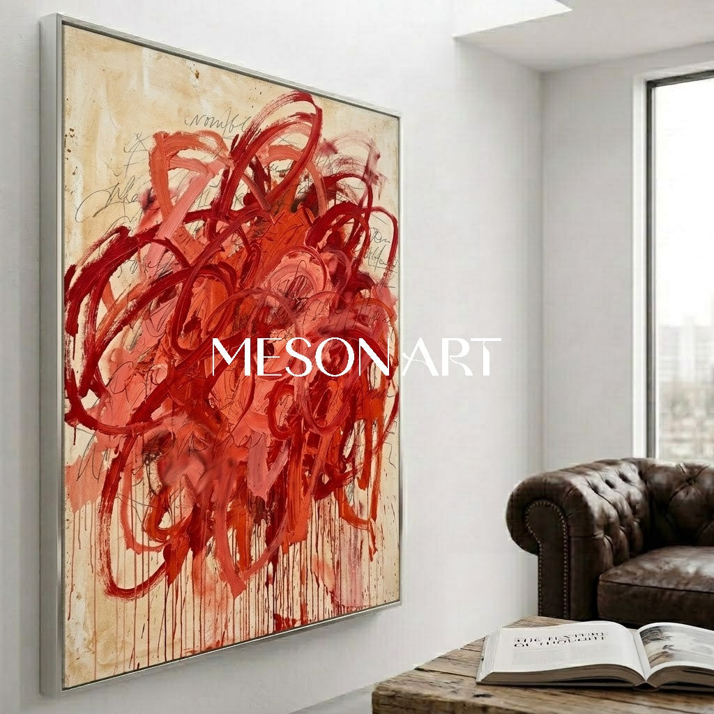 Bold Expressionist Wall Art Handmade Crimson Modern Canvas Entryway