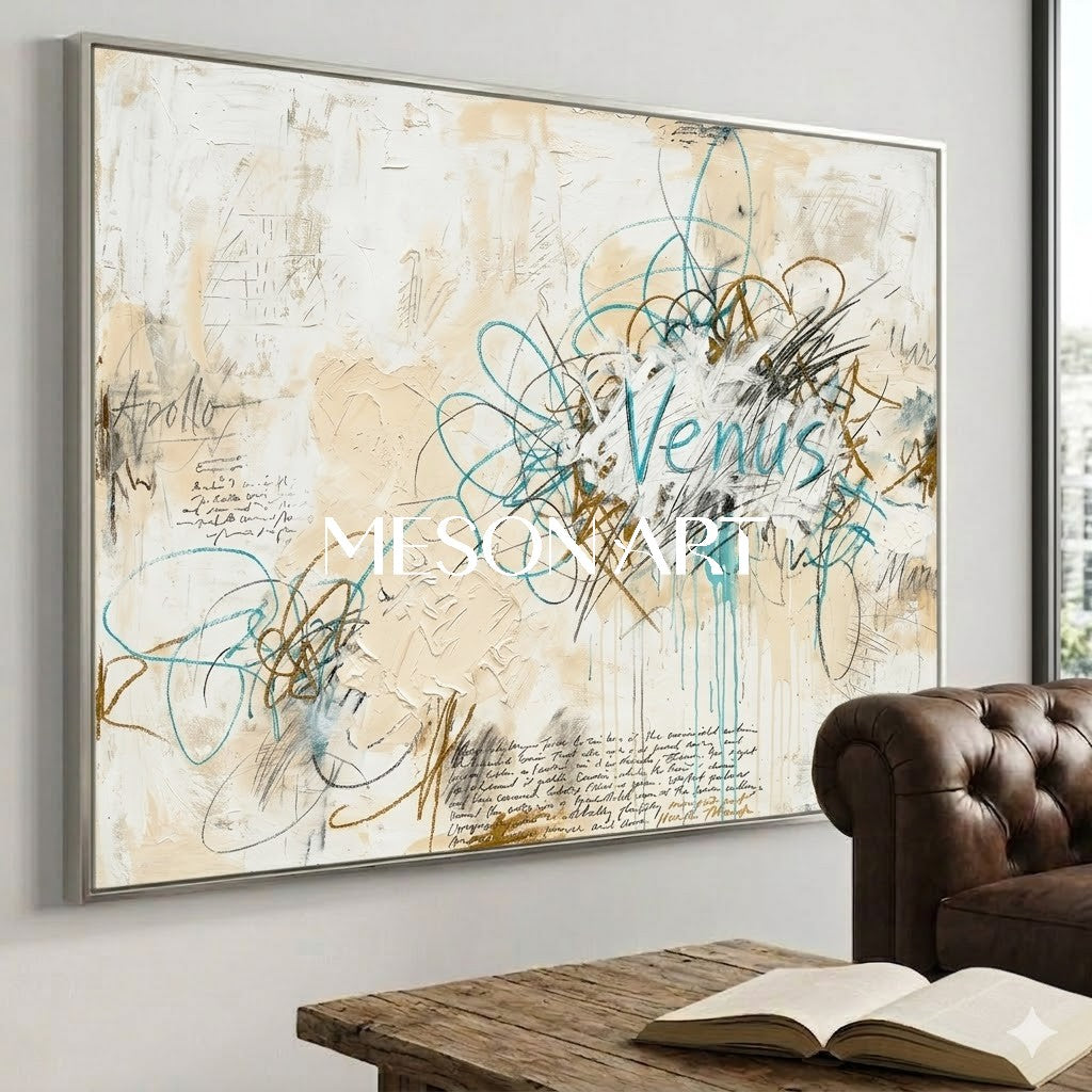 Handmade Beige Scribble Canvas Minimalist Art Luxury Villa Wall Decor