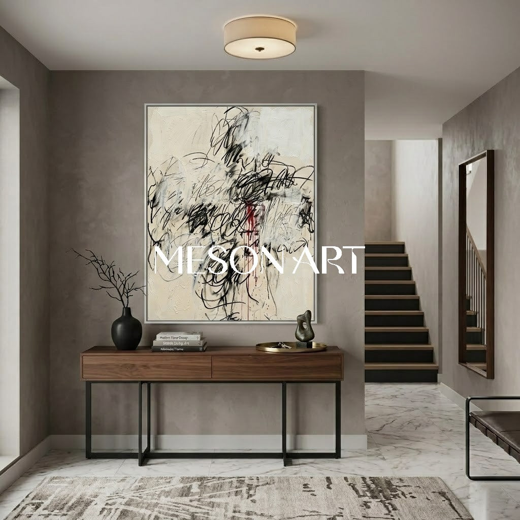 オリジナルの黒と白の抽象画の大きなテクスチャーのアートオフィス