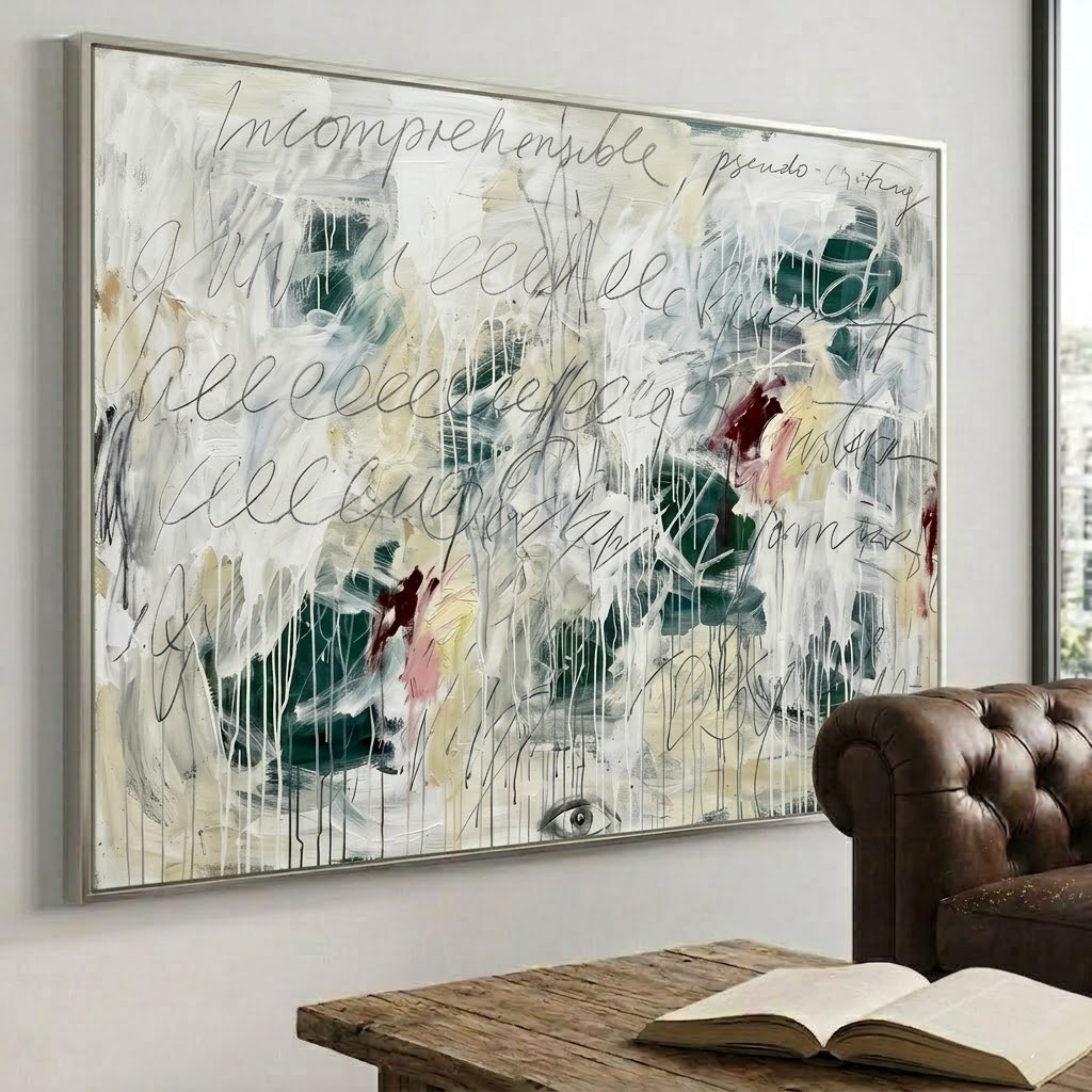 Large White Drip Graffiti Painting Handmade Textured Script Canvas Office