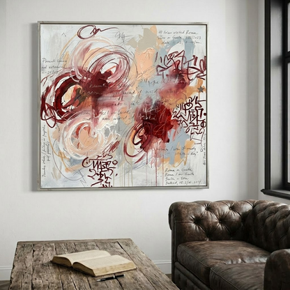 Original Abstract Expressionist Painting Burgundy Romantic Living Room