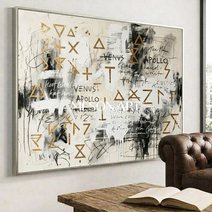 Original Symbol Canvas Graffiti Painting Gold Statement Art Living Room