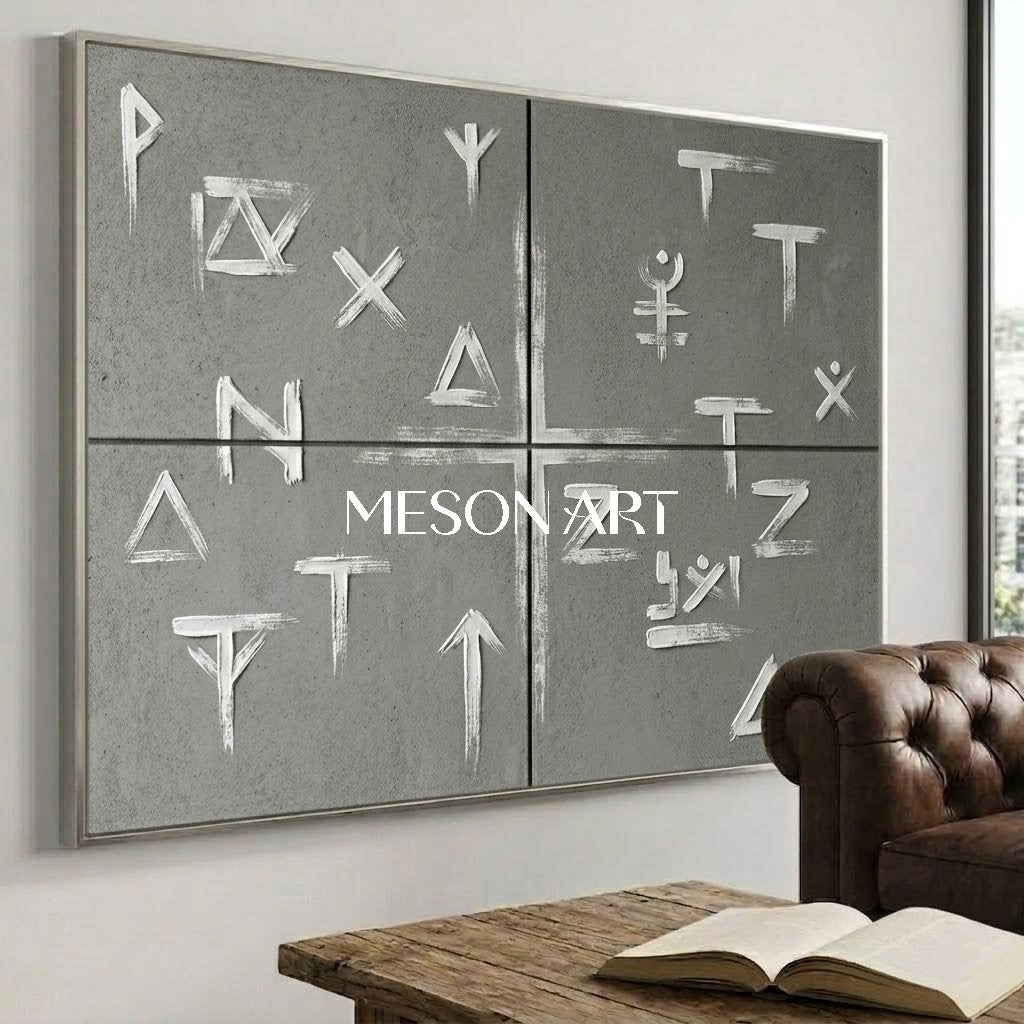 Large Industrial Style Original Gray Canvas oncrete Rune Art Painting