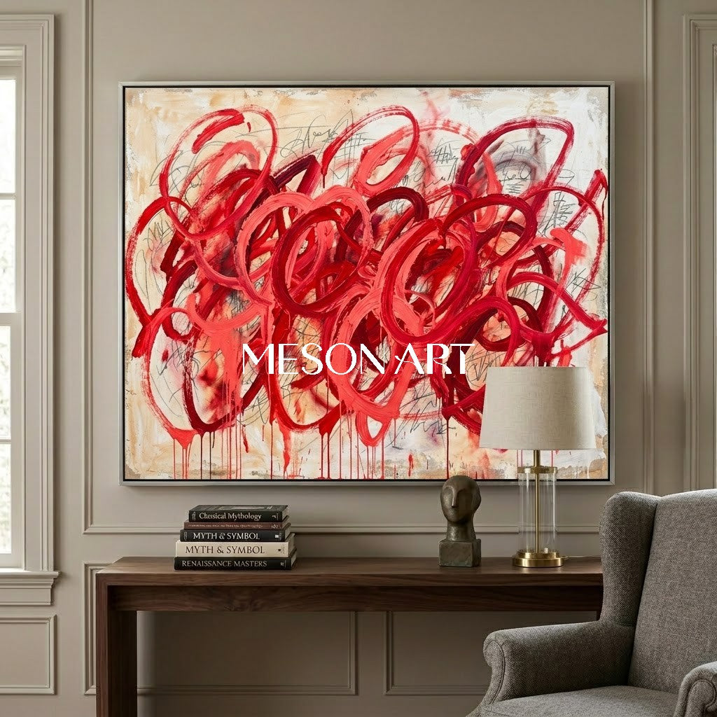 モダンなオリジナル赤抽象油絵テクスチャ大キャンバスアート – MesonArt