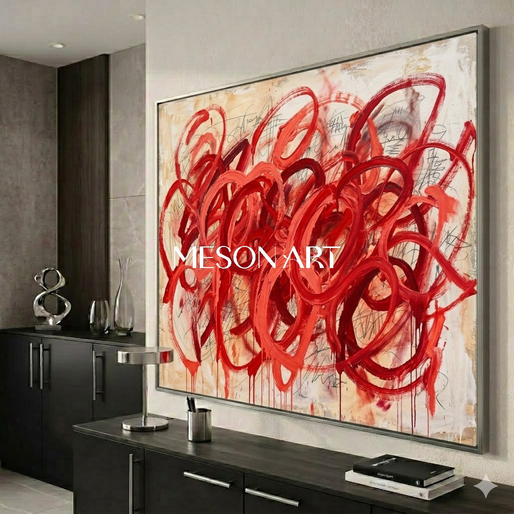 モダンなオリジナル赤抽象油絵テクスチャ大キャンバスアート – MesonArt