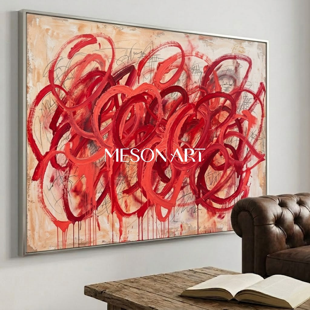 モダンなオリジナル赤抽象油絵テクスチャ大キャンバスアート – MesonArt