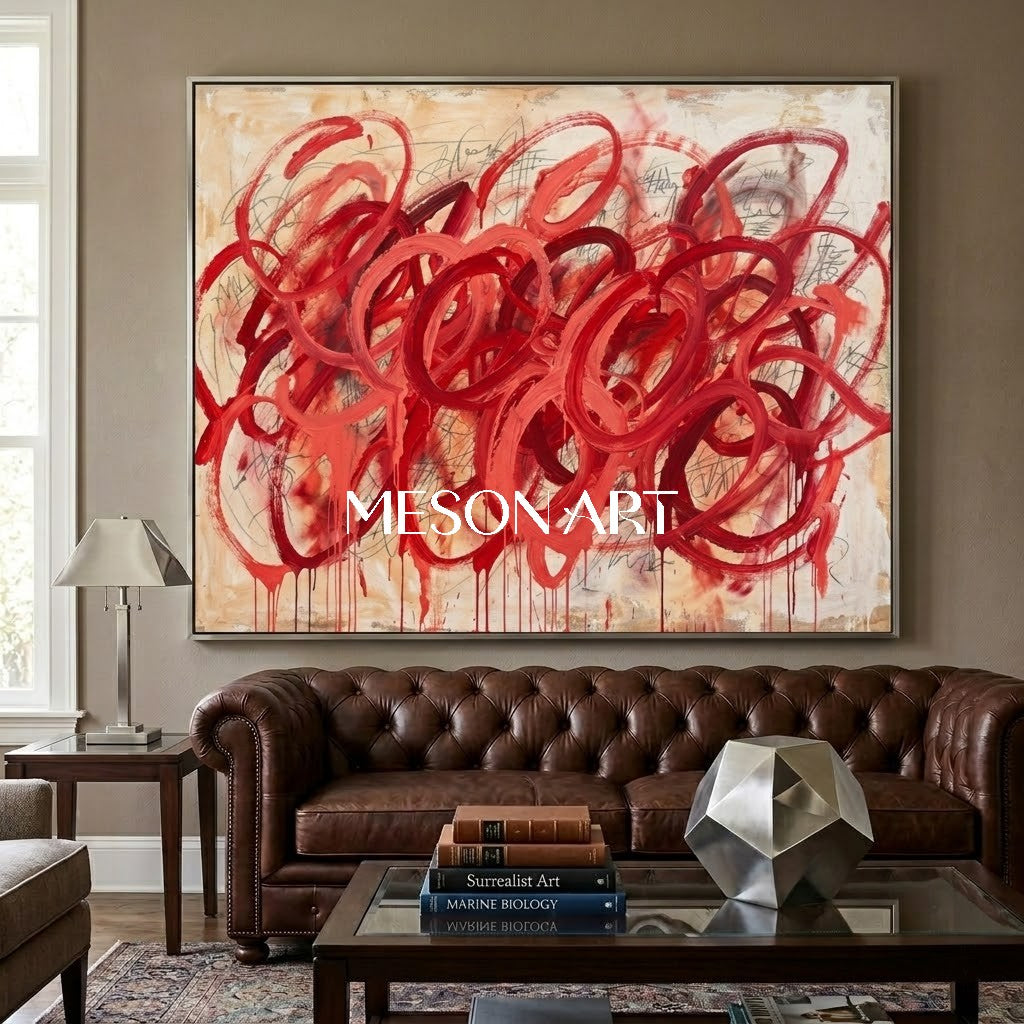 モダンなオリジナル赤抽象油絵テクスチャ大キャンバスアート – MesonArt