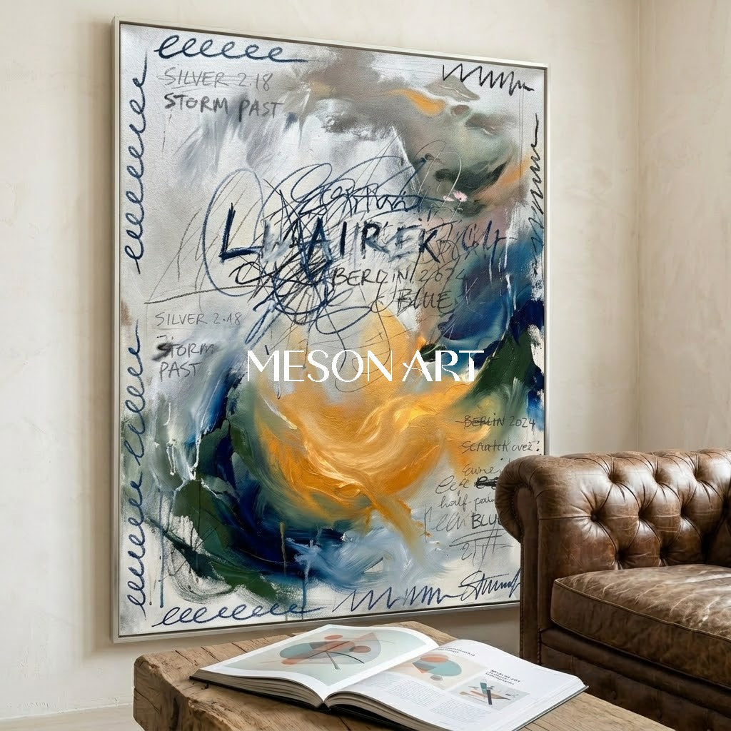 Large Abstract Oil Painting with Expressive Blue Gold Texture Office