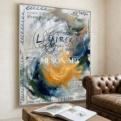 Large Abstract Oil Painting with Expressive Blue Gold Texture Office