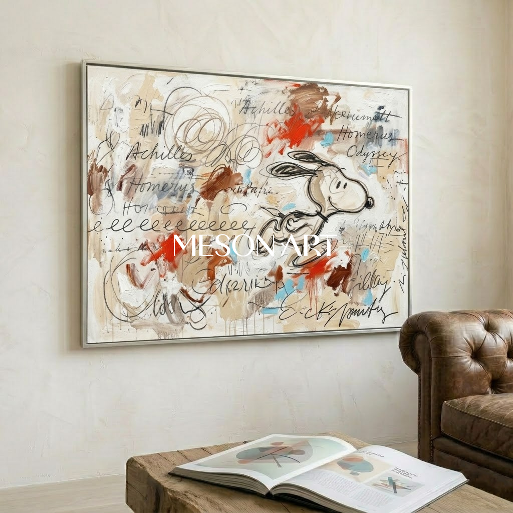 Original Pop Art Oil Painting Achilles Snoopy Framed Canvas Bedroom