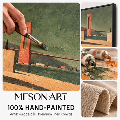 Green And Brown Surrealist Architectural Painting Minimal Geometric Bridge Horizon Panoramic Wall Art For Living Room By Mesonart