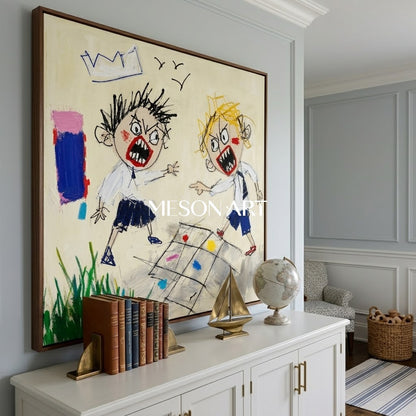 Whimsical Pop Art Painting With Bold Characters For Modern Living Room And Kids Room Decor