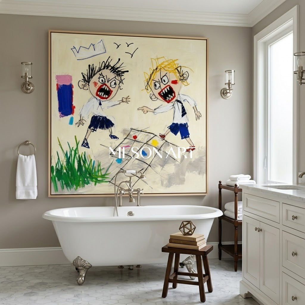 Whimsical Pop Art Painting With Bold Characters For Modern Living Room And Kids Room Decor