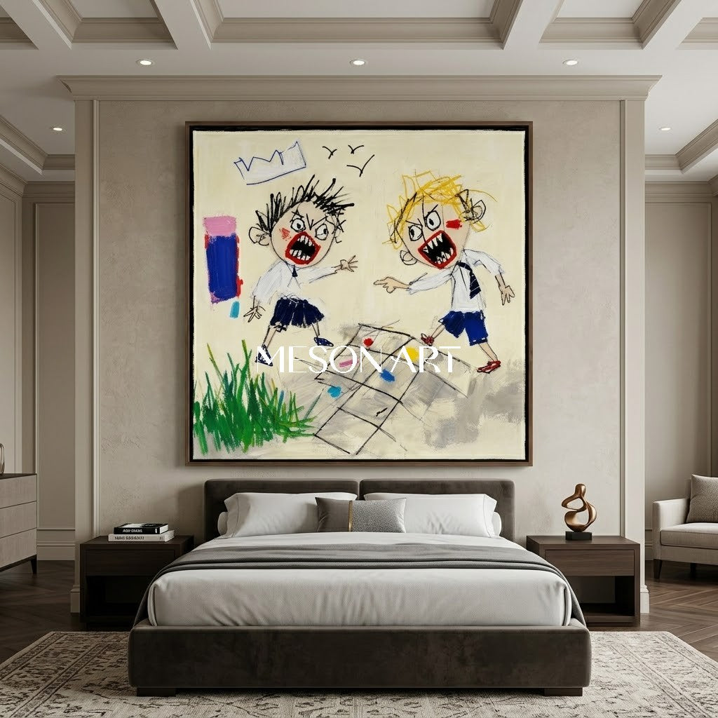 Whimsical Pop Art Painting With Bold Characters For Modern Living Room And Kids Room Decor