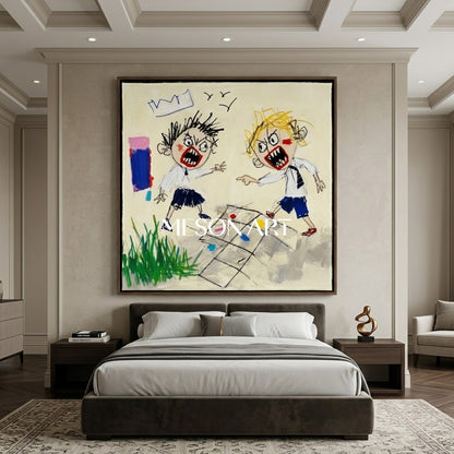 Whimsical Pop Art Painting With Bold Characters For Modern Living Room And Kids Room Decor