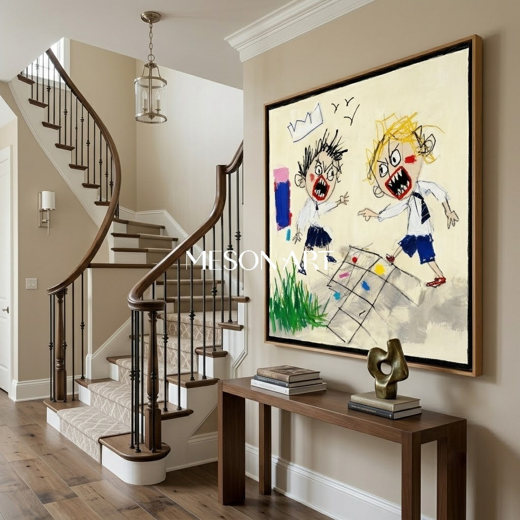 Whimsical Pop Art Painting With Bold Characters For Modern Living Room And Kids Room Decor