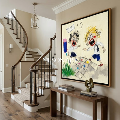 Whimsical Pop Art Painting With Bold Characters For Modern Living Room And Kids Room Decor