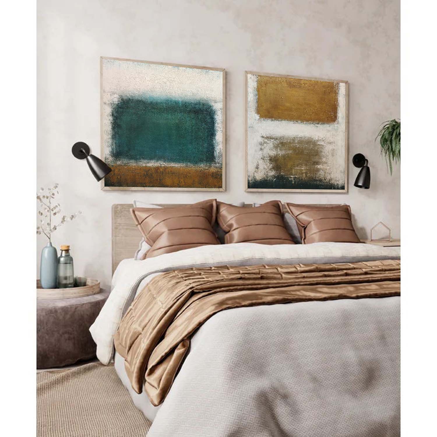 Abstract Canvas Art Set of 2 Beige and Blue Textured Paintings Minimalist Gold and White Wall Art