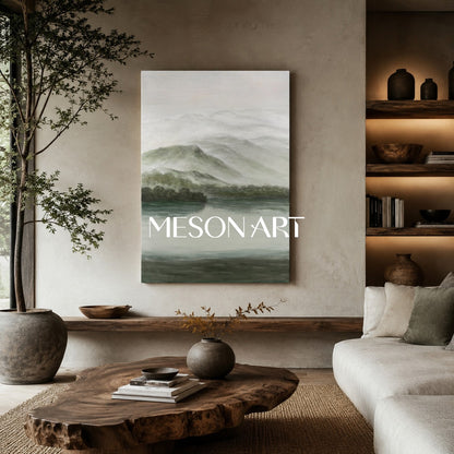 Gray and Green Landscape Oil Painting Gray and Green Landscape Wall Art Wabi-Sabi Interior Design