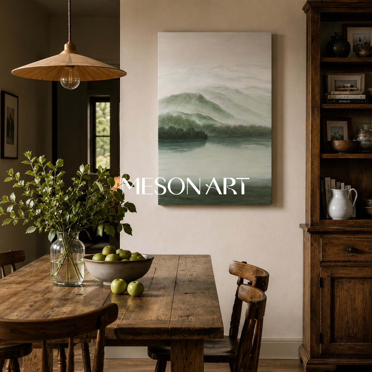 Gray and Green Landscape Oil Painting Gray and Green Landscape Wall Art Wabi-Sabi Interior Design