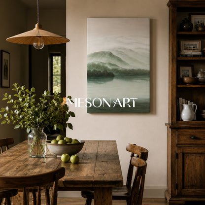 Gray and Green Landscape Oil Painting Gray and Green Landscape Wall Art Wabi-Sabi Interior Design