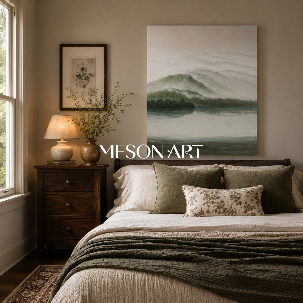 Gray and Green Landscape Oil Painting Gray and Green Landscape Wall Art Wabi-Sabi Interior Design