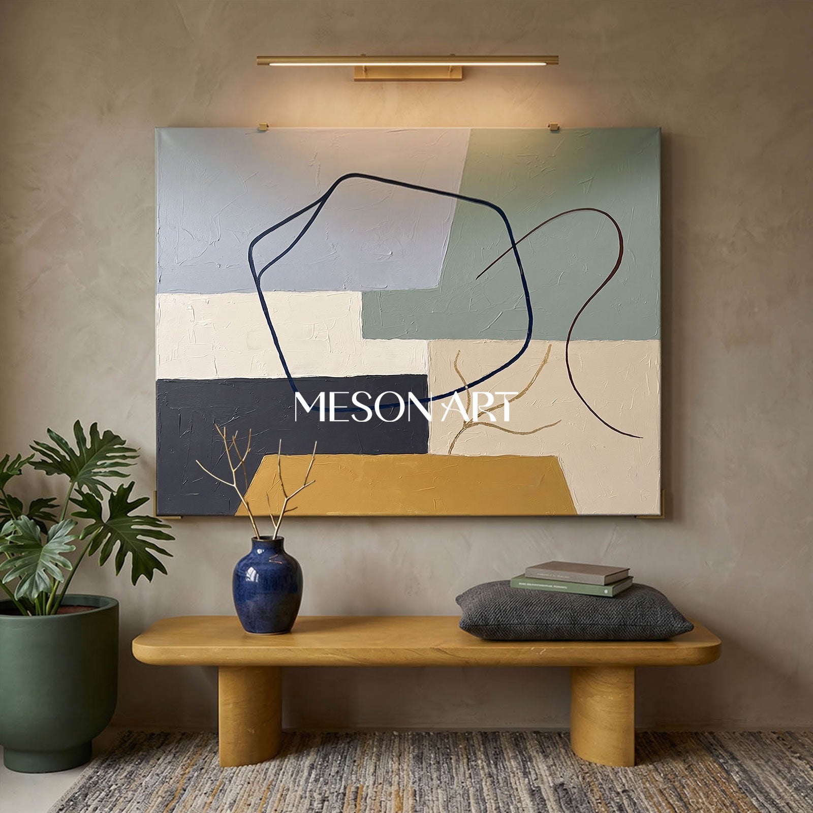 Slate Blue And Mustard Minimalist Textured Painting For Living Room Space