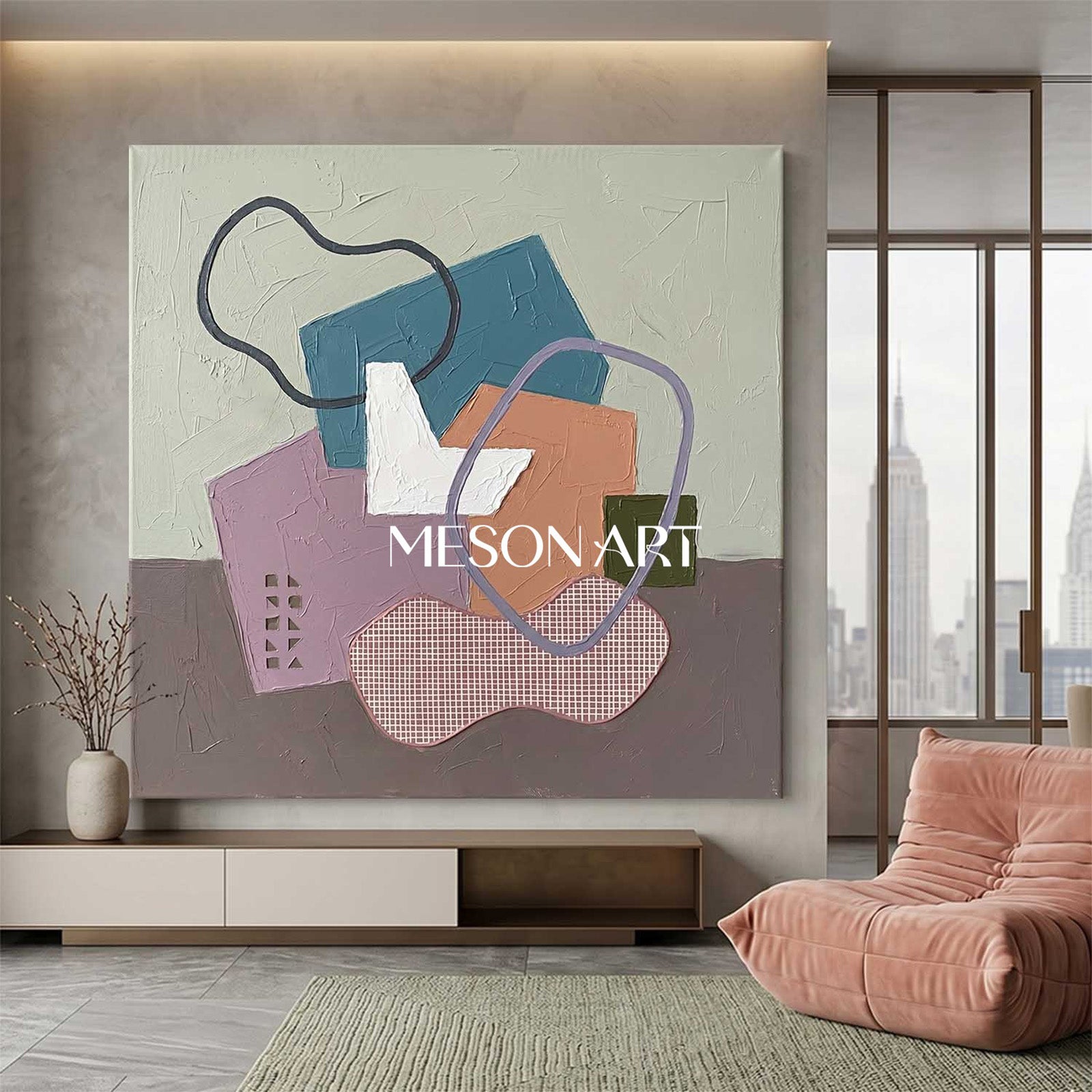 Textured Pastel Geometric Abstract Canvas Art for Modern Living Room