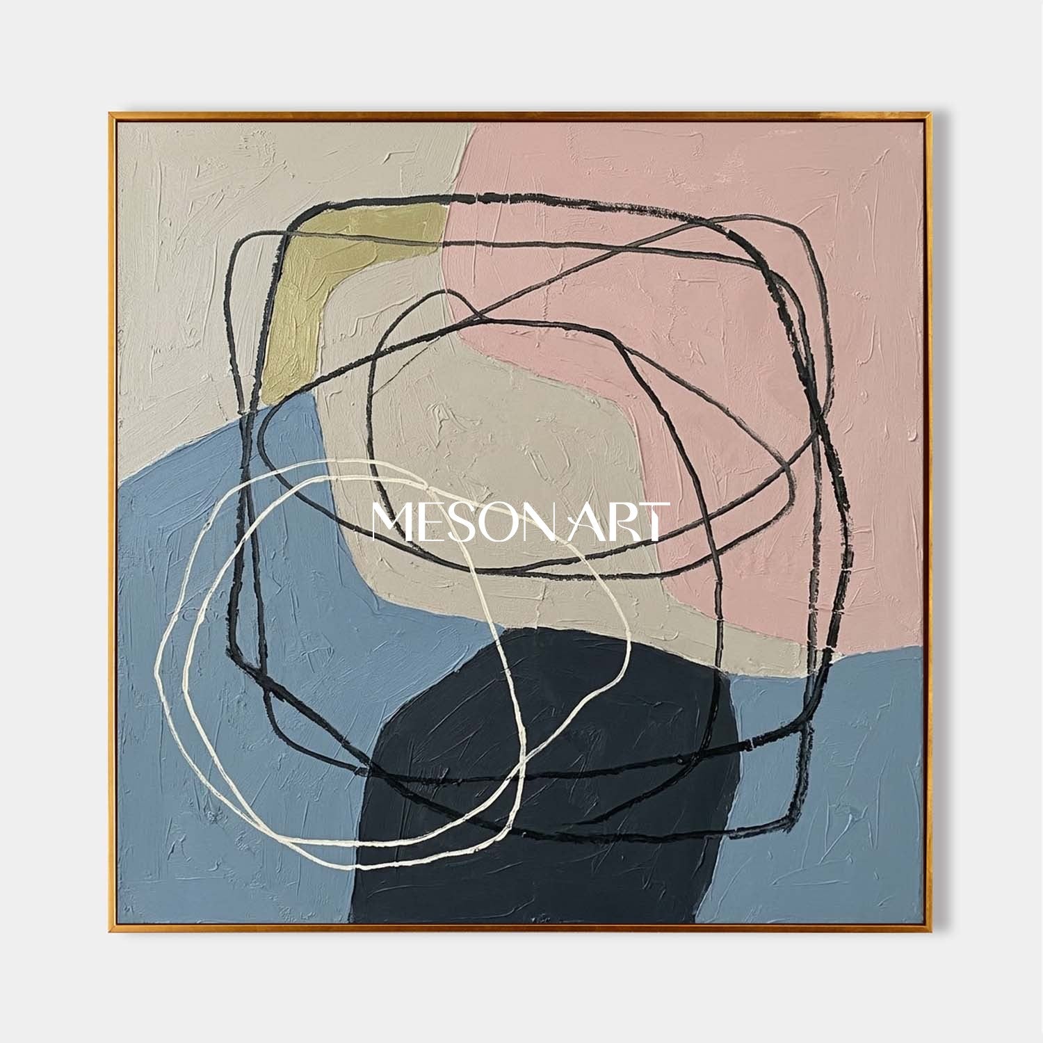 パステルピンクとブルーのミニマルな質感の絵画をベッドルームに