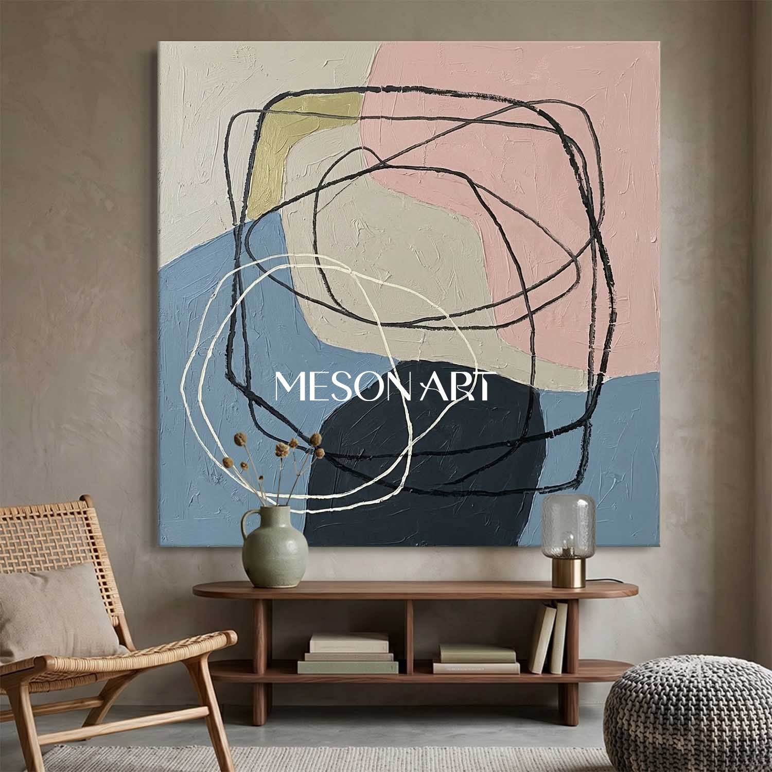 Pastel Pink And Blue Minimalist Textured Painting For Bedroom Space