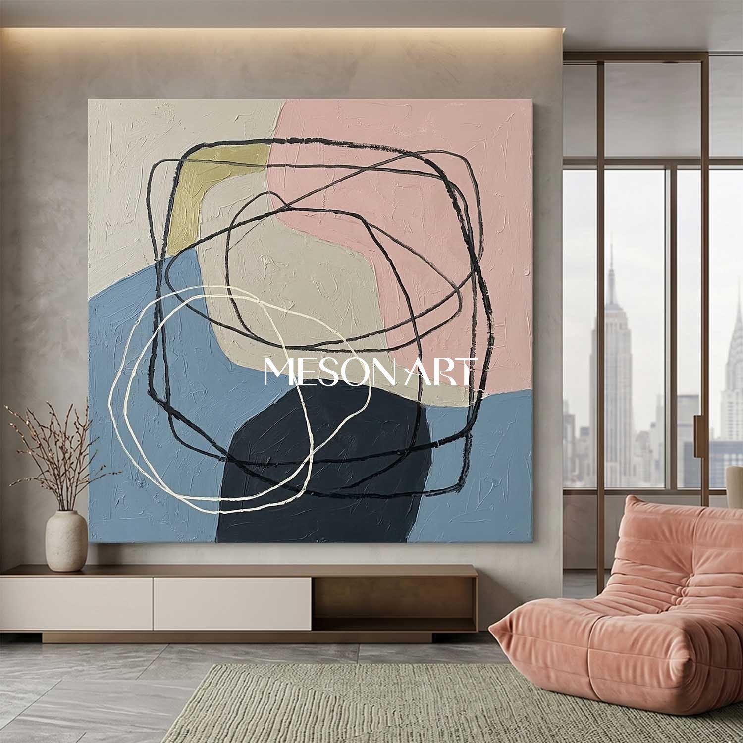 パステルピンクとブルーのミニマルな質感の絵画をベッドルームに