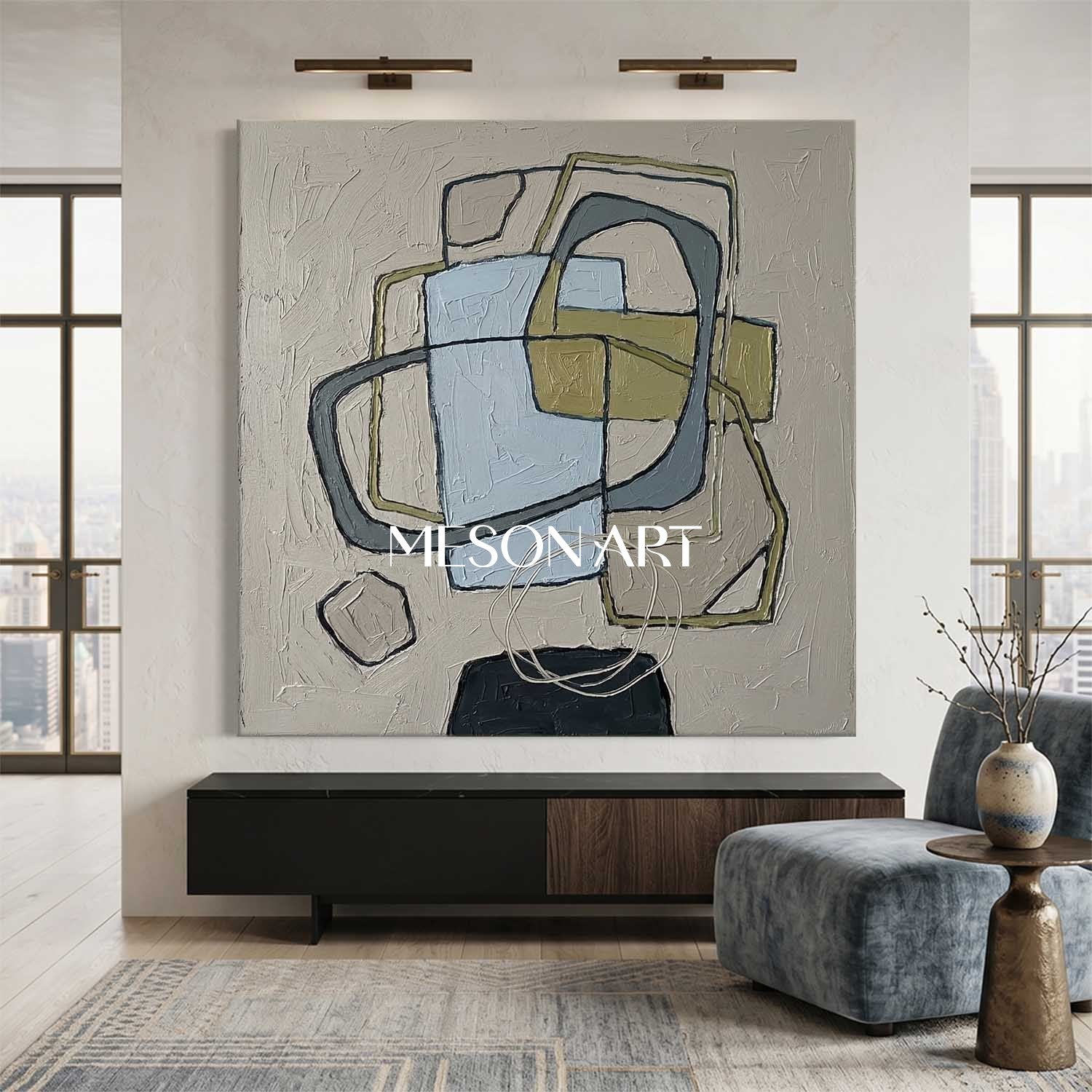 Light Blue And Olive Green Minimalist Textured Wall Art For Bedroom