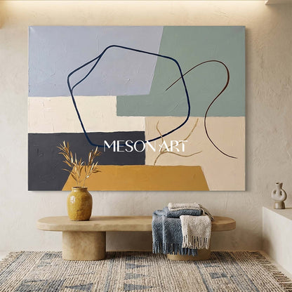 Slate Blue And Mustard Minimalist Textured Painting For Living Room Space