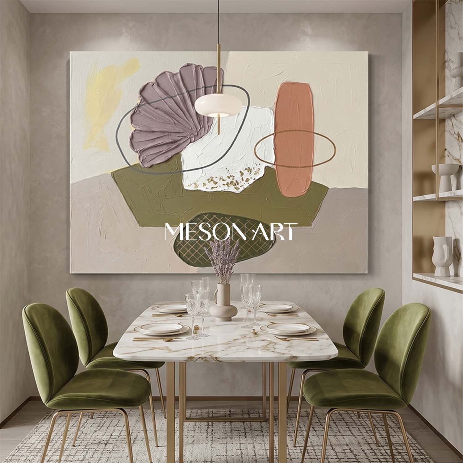 Mauve and Olive Green Geometric Abstract Wall Art Contemporary Textured 3D Painting