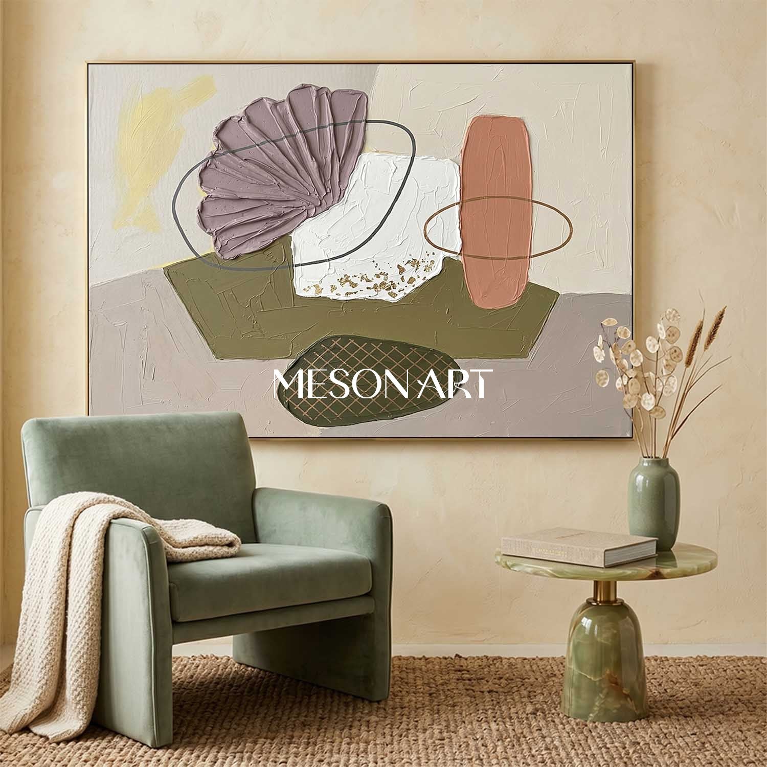 Mauve and Olive Green Geometric Abstract Wall Art Contemporary Textured 3D Painting