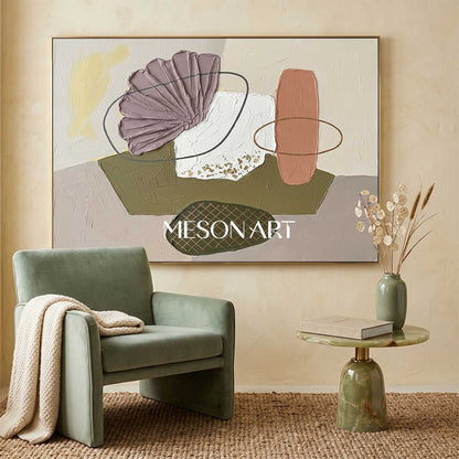 Mauve and Olive Green Geometric Abstract Wall Art Contemporary Textured 3D Painting