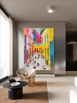 Colorful City Oil Painting Urban Texture Wall Painting Urban Knife Painting on Canvas Palette Knife Art