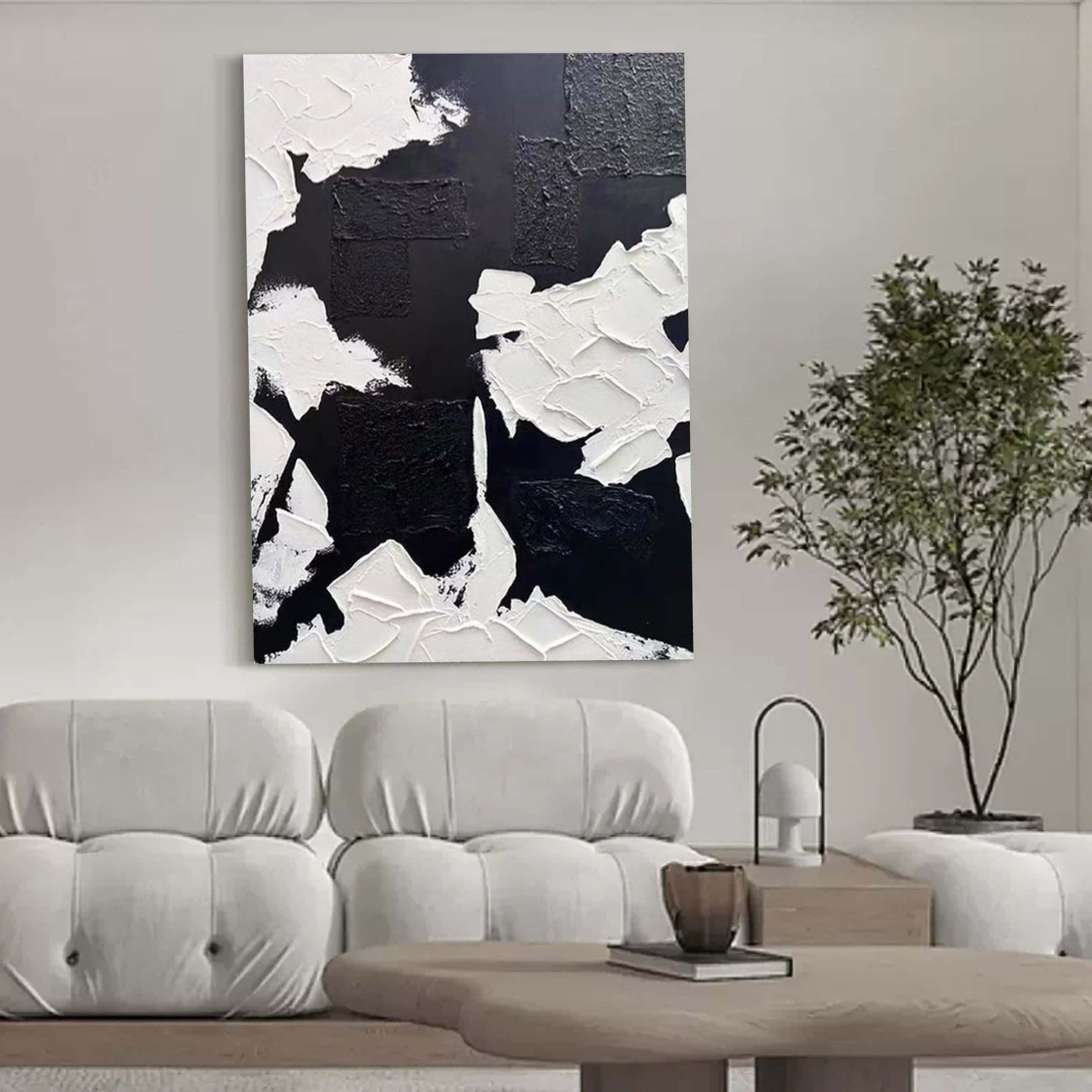 3D Black and White Textured Abstract Art Canvas Wabi-Sabi Wall Art Black and White Textured Painting