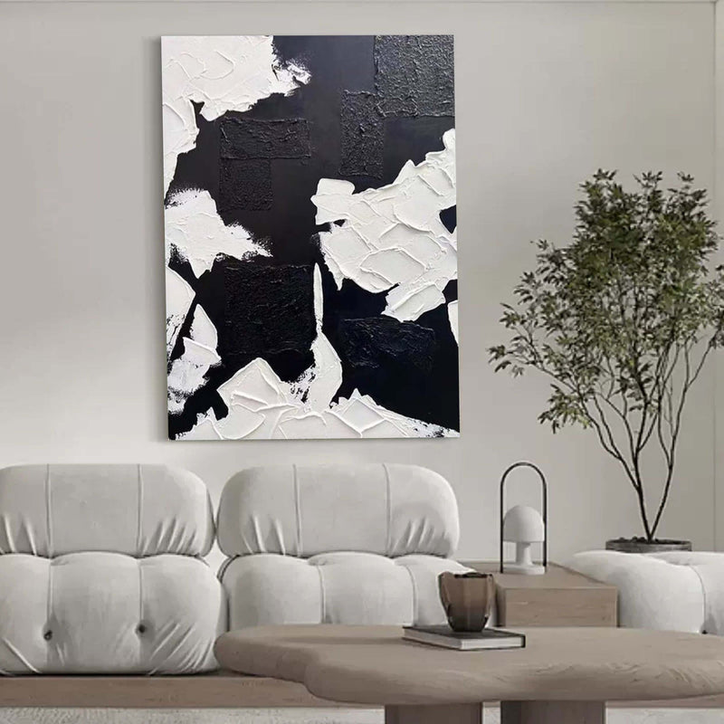 3D Black and White Textured Abstract Art Canvas Wabi-Sabi Wall Art Black and White Textured Painting
