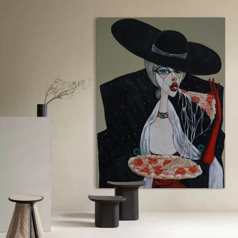 Large Woman Eating Pizza On Canvas Girl Eating Pizza Oil Painting Pop Art Portrait Lady Eating Pizza