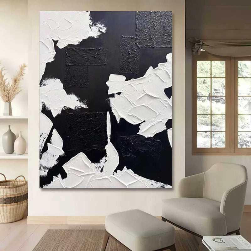 3D Black and White Textured Abstract Art Canvas Wabi-Sabi Wall Art Black and White Textured Painting