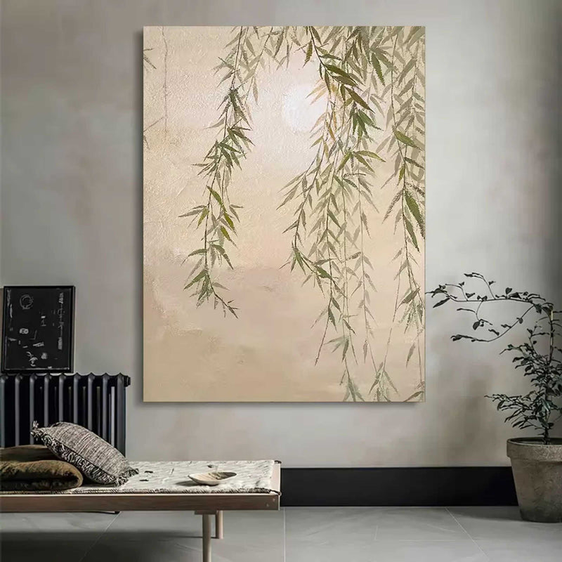 Green Willow On Canvas Wabi-Sabi Art Green Willow Oil Painting Willow Landscape Wall Art